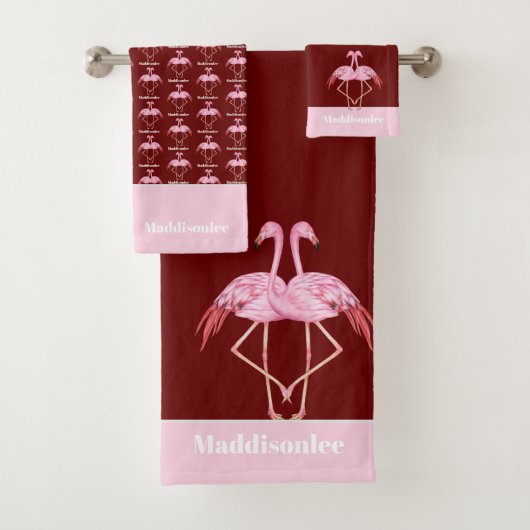 Moderne monogram naam Rode roze flamingo Bathroom Bad Handdoek (Insitu)