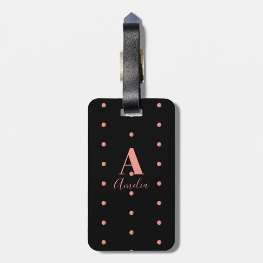 Moderne monogram naam Roos Gold Black Polka Dot Bagagelabel (Achterkant verticaal)