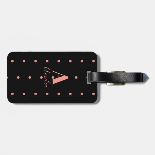Moderne monogram naam Roos Gold Black Polka Dot Bagagelabel (Achterkant horizontaal)