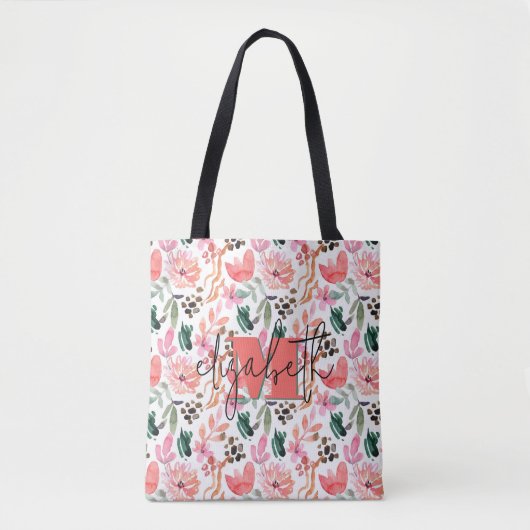 Moderne Monogram Naam Roze Bloemen Tote Bag (Voorkant)