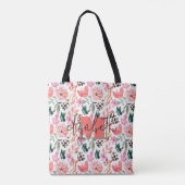 Moderne Monogram Naam Roze Bloemen Tote Bag (Achterkant)