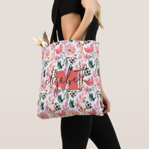 Moderne Monogram Naam Roze Bloemen Tote Bag