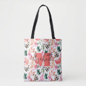 Moderne Monogram Naam Roze Bloemen Tote Bag (Voorkant)