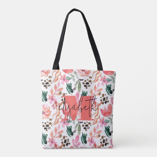 Moderne Monogram Naam Roze Bloemen Tote Bag (Achterkant)