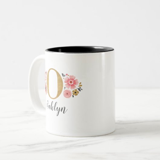 Moderne Monogram Naam Roze Bloemen Tweekleurige Koffiemok (Voorkant links)