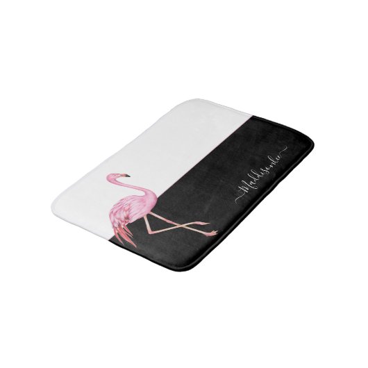 Moderne monogram naam Roze Flamingo Black Badmat (Gekanteld)