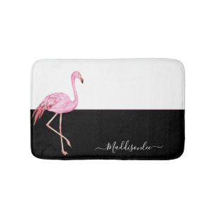 Moderne monogram naam Roze Flamingo Black Badmat
