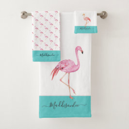 Moderne monogram Naam Roze Flamingo Blauwgroen Aqu Bad Handdoek