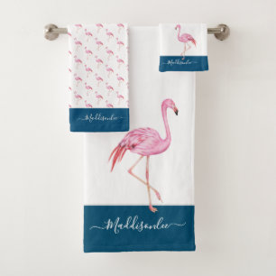 Moderne monogram Naam Roze Flamingo Blue Bad Handdoek