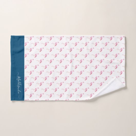 Moderne monogram Naam Roze Flamingo Blue Bad Handdoek (Handdoek)