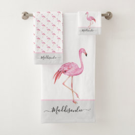 Moderne monogram naam Roze Flamingo Grey Bad Handdoek