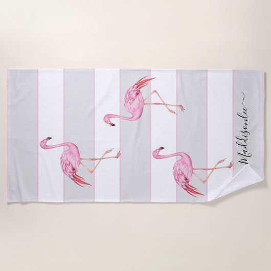 Moderne monogram naam Roze Flamingo Grey Strandlaken (Voorkant)