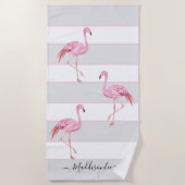 Moderne monogram naam Roze Flamingo Grey Strandlaken (Voorkant)
