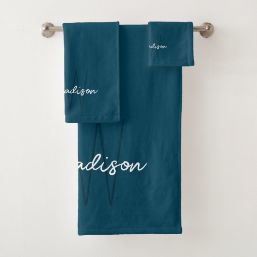 Moderne Monogram Naam Schrift Blauw Bad Handdoek (Insitu)