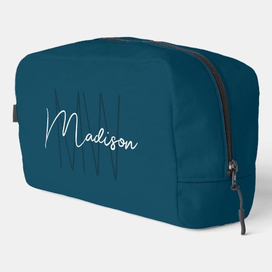 Moderne Monogram Naam Script Blauw Toilettasje (Rechterhoek)