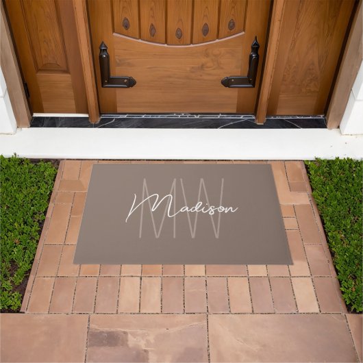 Moderne Monogram Naam Script Taupe Deurmat (Buiten)