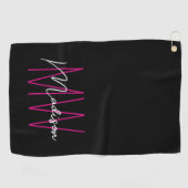 Moderne Monogram Naam Script Zwart Roze Golfhanddoek (Horizontaal)