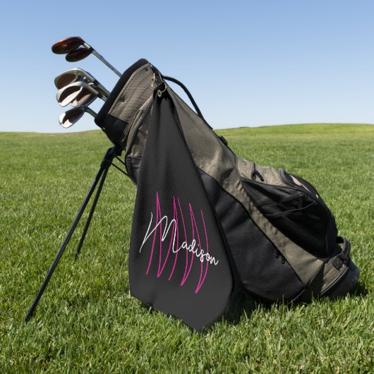 Moderne Monogram Naam Script Zwart Roze Golfhanddoek (Groen)