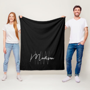 Moderne Monogram Naam Script Zwart Wit Fleece Deken