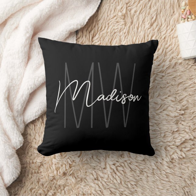 Moderne Monogram Naam Script Zwart Wit Kussen (Deken)