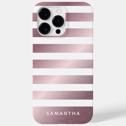 Moderne monogram Naam Striped Roos Gold en White Case-Mate iPhone Case (Achterkant)