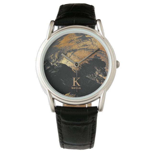 Moderne monogram naam zwart goud gepersonaliseerd horloge (Voorkant)