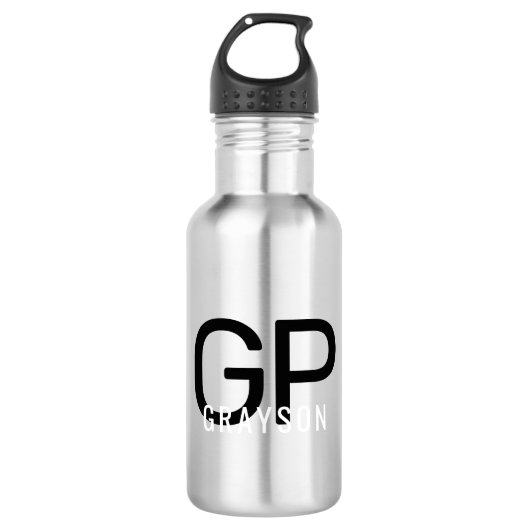 Moderne monogram naam Zwart & grijs Aangepast Waterfles (Voorkant)
