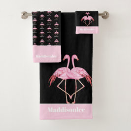 Moderne monogram naam zwarte roze flamingo Bath To Bad Handdoek