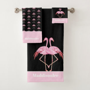 Moderne monogram naam zwarte roze flamingo Bath To Bad Handdoek