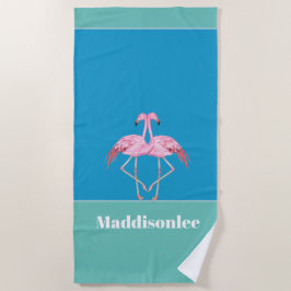Moderne monogram naam zwarte roze flamingo Bath To Strandlaken