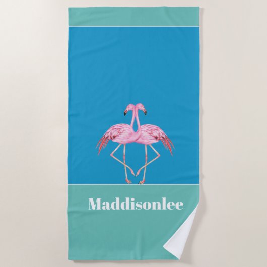 Moderne monogram naam zwarte roze flamingo Bath To Strandlaken (Voorkant)