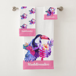 Moderne monogram Naam Zwarte Roze Flamingo Bathroo Bad Handdoek