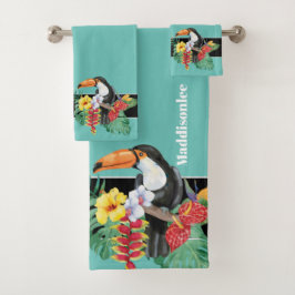 Moderne monogram naam zwarte toucan Bathroom Bad Handdoek