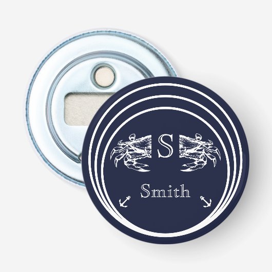 Moderne Monogram Nautilus Marineblauw Witte Krab Button Flesopener (Voorkant)