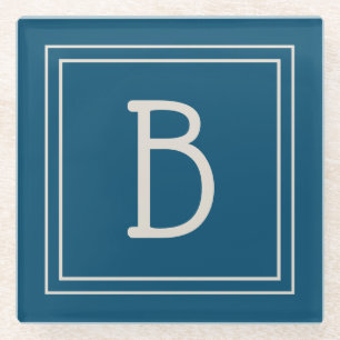 Moderne monogram Oceaanblauw & ivoorkleurige initi Glazen Onderzetter