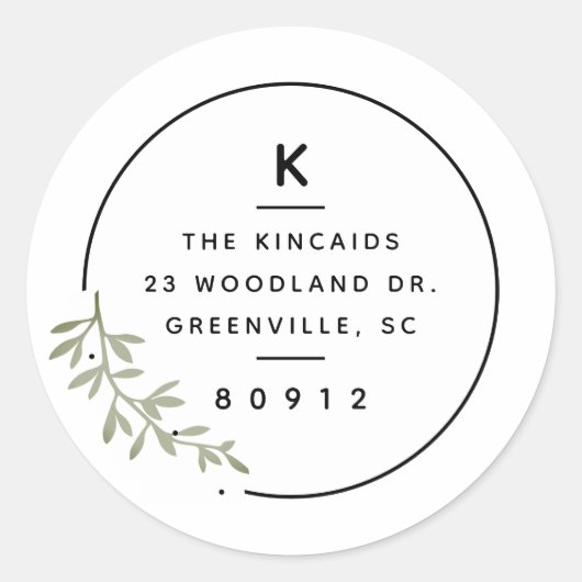 Moderne monogram olijftak krans retouradres ronde sticker (Voorkant)