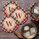 Moderne monogram op kerstcadeau ronde kartonnen onderzetter<br><div class="desc">Uw initiaal op een faux gouden folie cirkel en een rood,  groen en wit vakantiepatroon.,  zijn deze onderzetters geweldig voor uw eigen huis of geven als vakantie- of gastcadeautjes. Punten in onze winkel koppelen.</div>