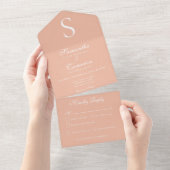 Moderne Monogram Peach All in One Wedding Invite Uitnodiging (Afscheurbaar)