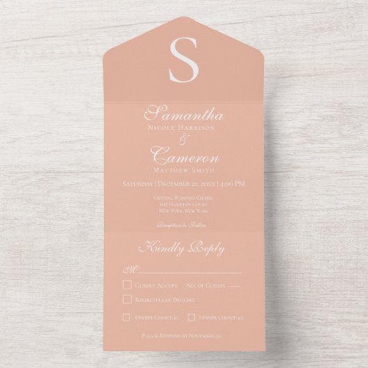 Moderne Monogram Peach All in One Wedding Invite Uitnodiging (Binnen)