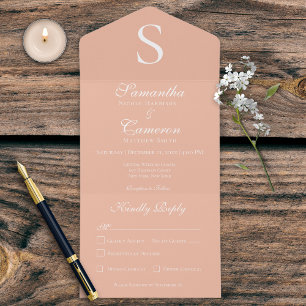 Moderne Monogram Peach All in One Wedding Invite Uitnodiging