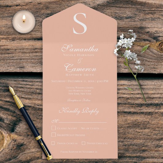 Moderne Monogram Peach All in One Wedding Invite Uitnodiging