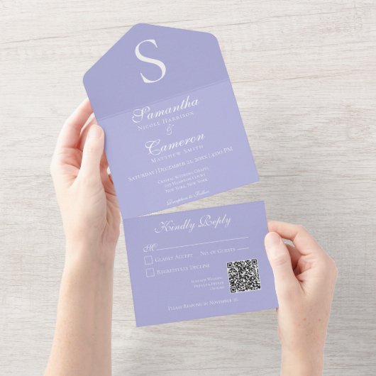 Moderne monogram Periwinkle QR-code All In One Uitnodiging (Afscheurbaar)