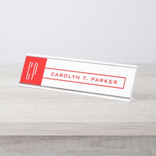 Moderne Monogram Professional Naam Rood wit Bureau Naambordje (Voorkant)