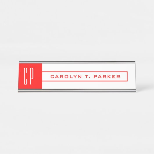 Moderne Monogram Professional Naam Rood wit Bureau Naambordje (Voorkant)