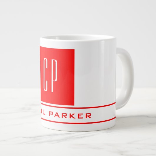 Moderne Monogram Professional Naam Rood wit Grote Koffiekop (Voorkant rechts)