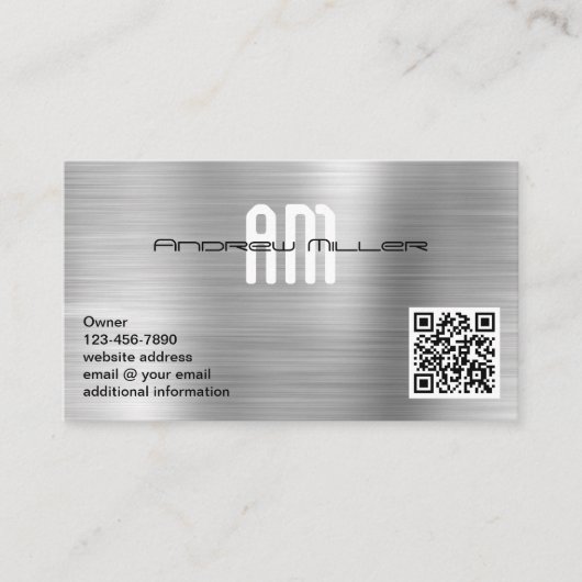 Moderne Monogram QR-code Faux Geborsteld Metaal Visitekaartje (Voorkant)
