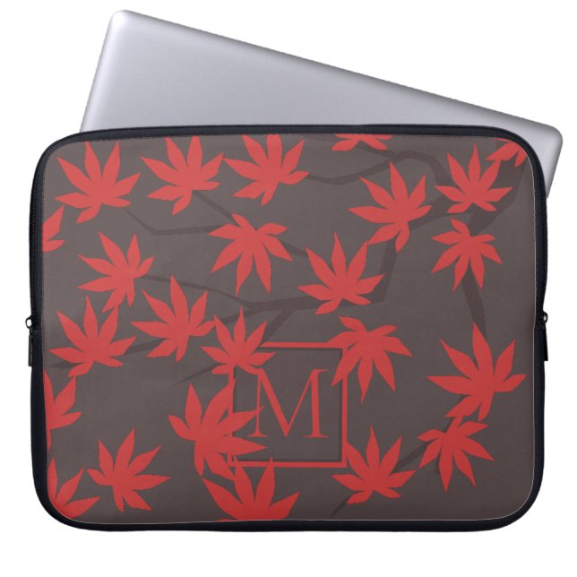 Moderne Monogram Rode Esbladgrijs Laptop Sleeve (Voorkant)