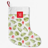 Moderne Monogram Rode Groene Botanische Palmblader Kleine Kerstsok (Voorkant)