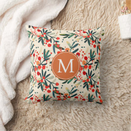 Moderne Monogram Rode Kerst Holly Bessen Kussen