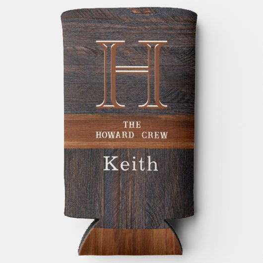 Moderne monogram roesthout met bruine vuilnisbak seltzer blikjeskoeler (Voorkant)